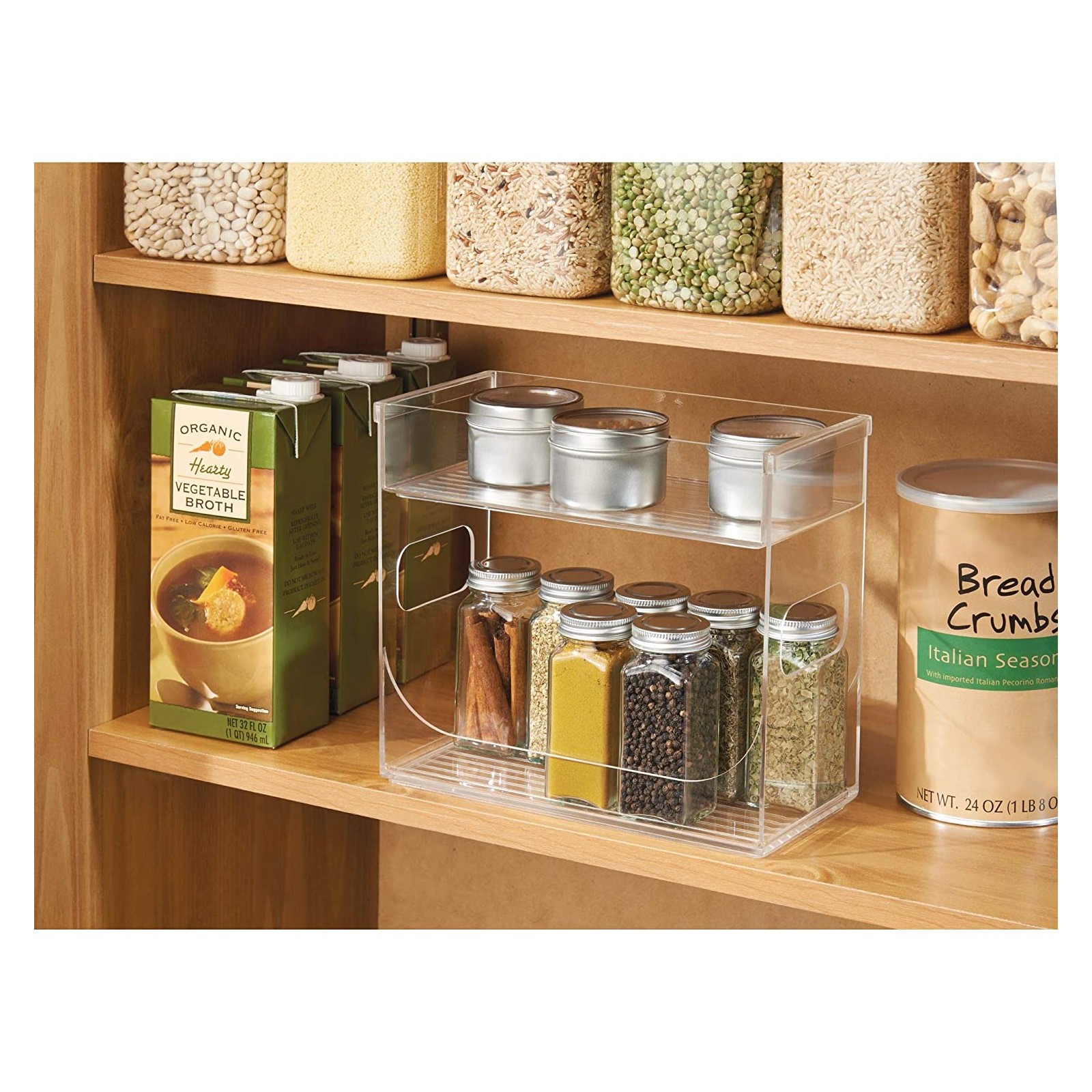 mDesign Organizador de cocina gris claro Cesta con asa y 3 compartimentos para guardar té café especias y otros alimentos Práctica caja de almacenaje para cocina y despensa 