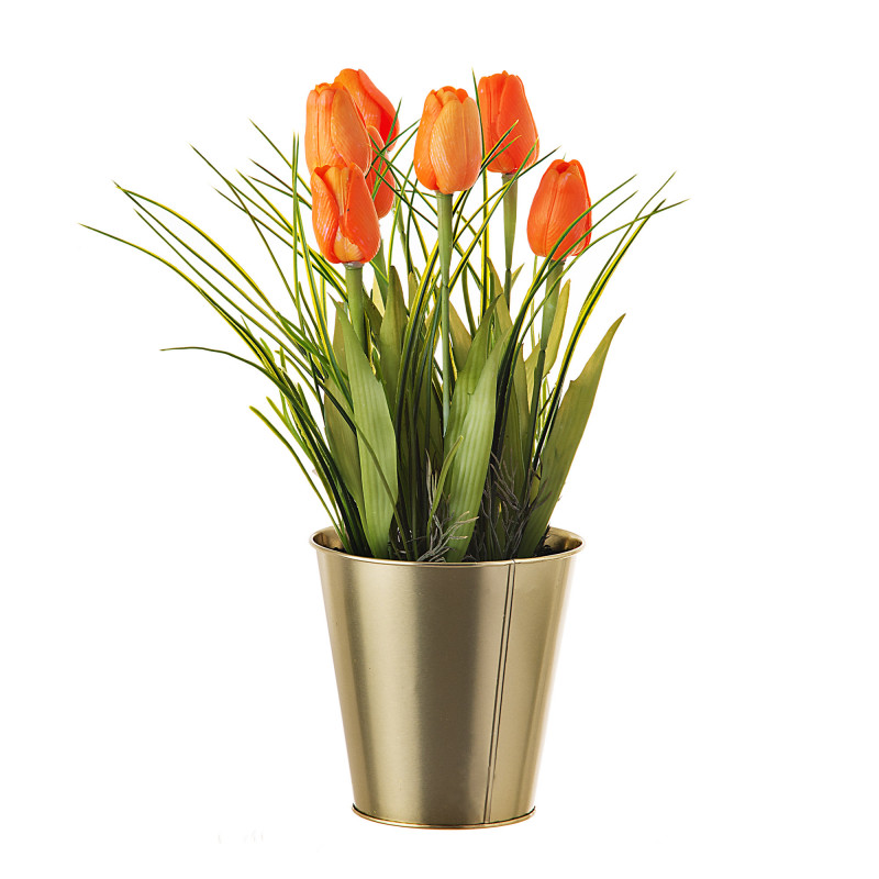 Planta artificial tulipán y maceta redonda de metal Haus