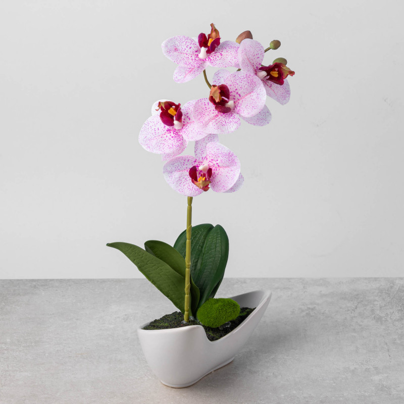 Arreglo Flor Orquídea Artificial Blanco / Morado con Maceta Blanca de Cerámica Haus