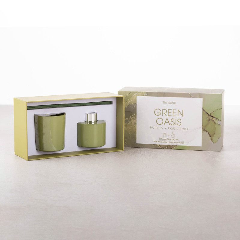 Vela y Difusor de Aroma Green Oasis con Varitas y Caja de Regalo Verde Oliva