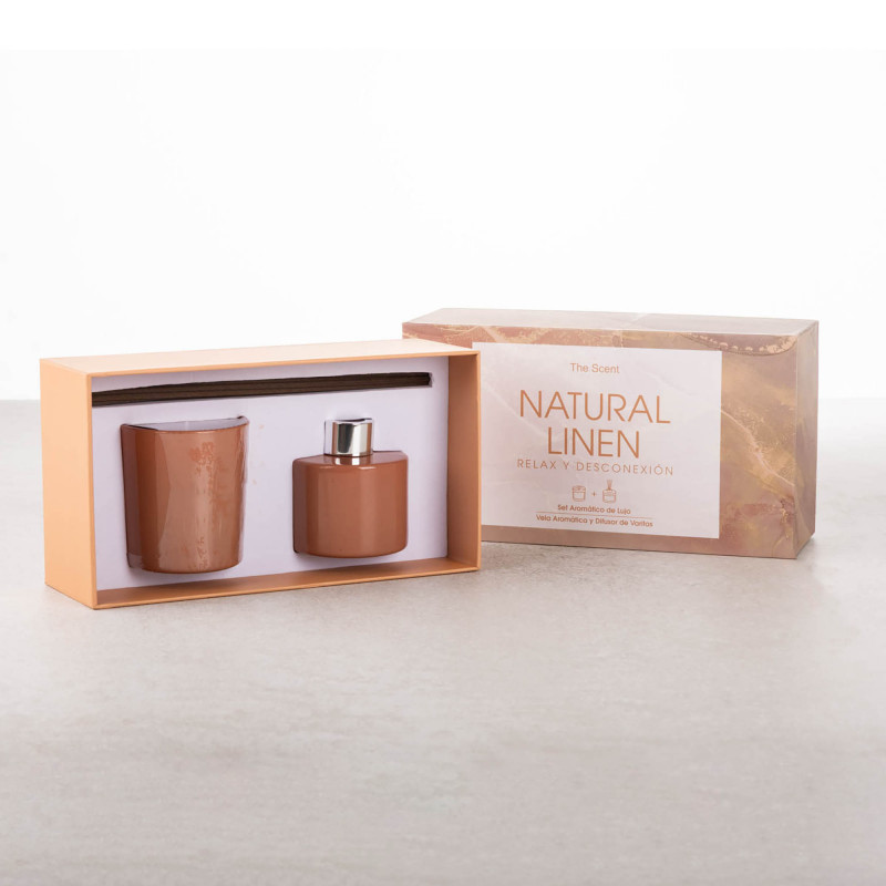Vela y Difusor de Aroma Natural Linen con Varitas y Caja de Regalo Terracota