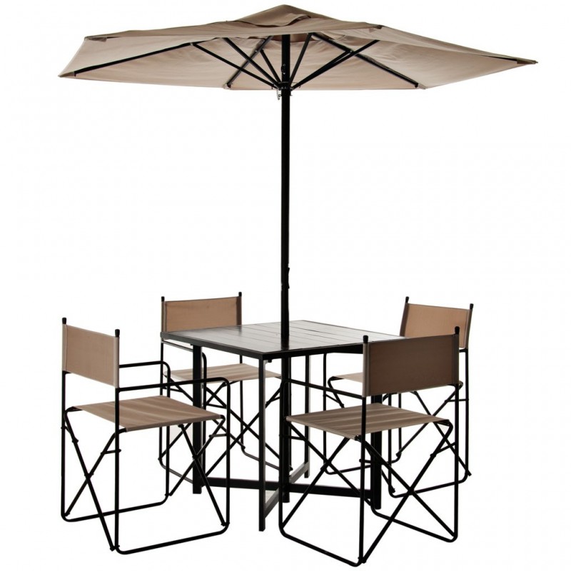 Juego de 6 piezas mesa, 4 sillas y parasol Hierro / Madera